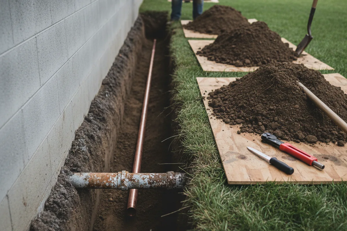 Excavated water line trench during Water Softener Installation in Honeydew